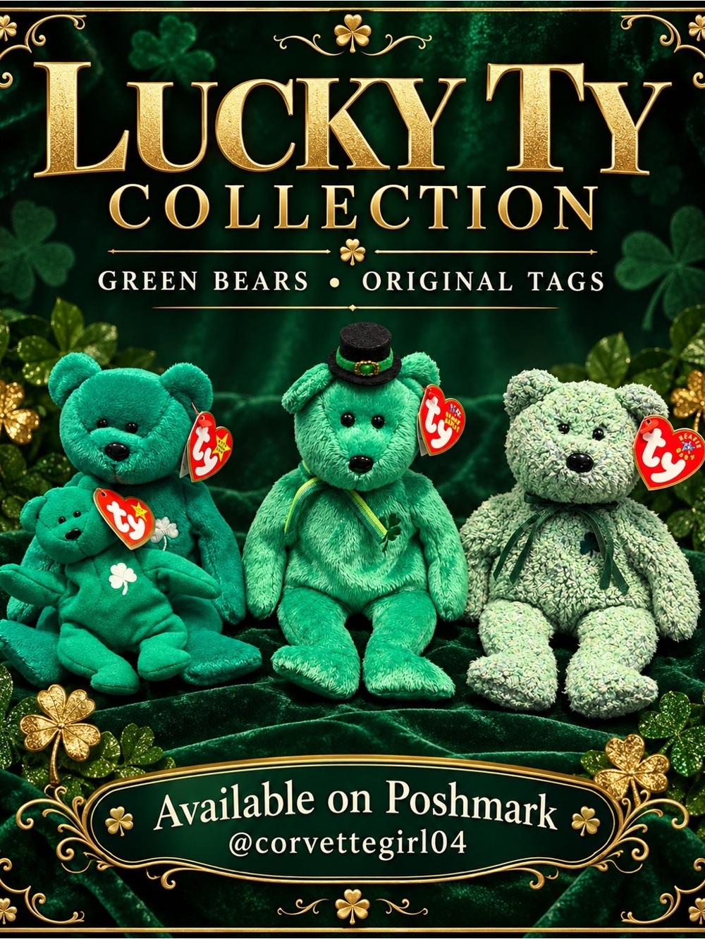 4- 🍀 Ty Lucky Ty Collection Green Bears Plush Set with Original Heart Tags